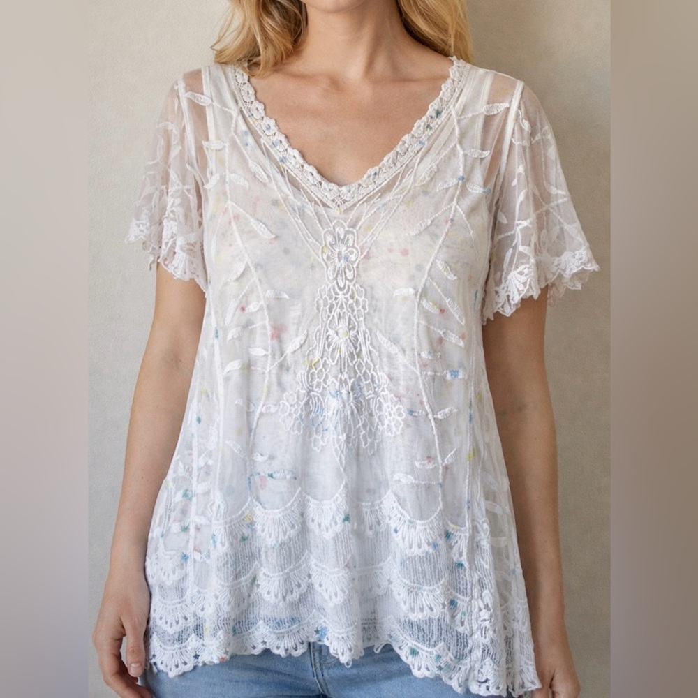 The Pyramid Collection Lace Tunic Tank Top 2 Pc. Pastel Paint Splatter Size M/L